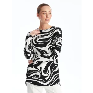 LCWAIKIKI Basic EKRU Bisiklet Yaka Desenli Kadın Sweatshirt Tunik