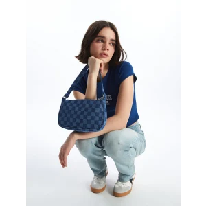 LCW ACCESSORIES MAVİ Ekose Desenli Kadın Baget Çanta