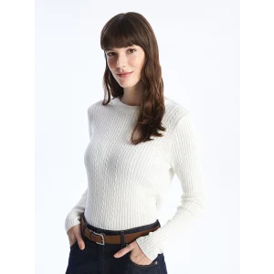 LCWAIKIKI Basic EKRU Bisiklet Yaka Kendinden Desenli Uzun Kollu Kadın Triko Kazak