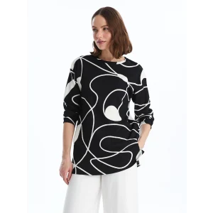 LCWAIKIKI Basic SİYAH Bisiklet Yaka Desenli Kadın Sweatshirt Tunik