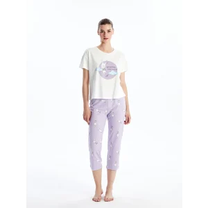 LCW Young LİLA Bisiklet Yaka Baskılı Kısa Kollu Kadın Kaprili Pijama Takımı