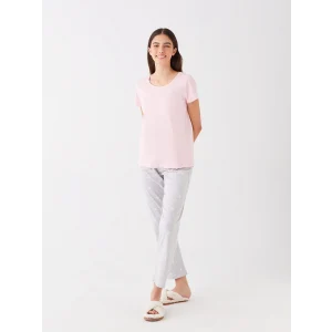 LCW DREAM PEMBE Bisiklet Yaka Desenli Uzun Kollu Kadın Pijama Takımı
