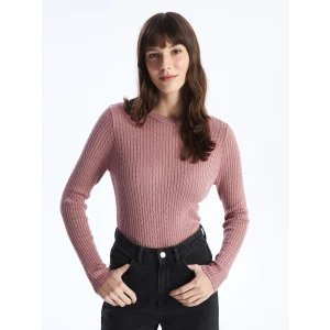 LCWAIKIKI Basic PEMBE Bisiklet Yaka Kendinden Desenli Uzun Kollu Kadın Triko Kazak