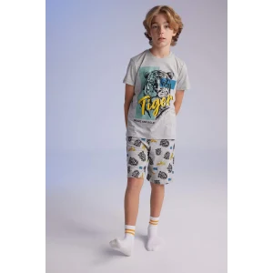 Defacto C2779 Gri Erkek Çocuk Pijama Takımı Baskılı Kısa Kollu Üst Şort