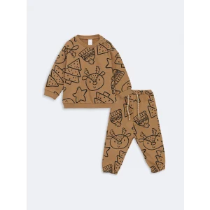 LCW baby BEJ Bisiklet Yaka Baskılı Erkek Bebek Sweatshirt ve Eşofman Alt 2li Takım