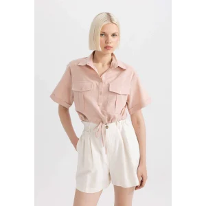 Defacto C6812 Bordo Crop Gömlek Yaka Keten Karışımlı Kısa Kollu Bluz