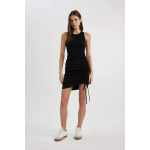 Defacto B9613 Siyah Bodycon Vücudu Saran Yuvarlak Yaka Fitilli Kaşkorse Kolsuz Mini Elbise