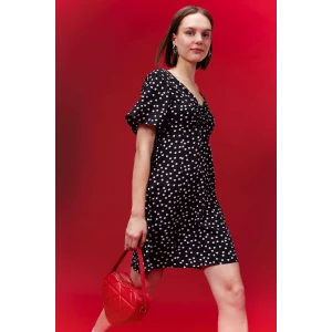 Defacto B0127 Siyah V Yaka Puantiyeli Maroken Mini Kısa Kollu Elbise