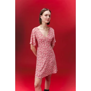 Defacto B0127 Kırmızı V Yaka Çiçekli Maroken Mini Kısa Kollu Kırmızı Elbise