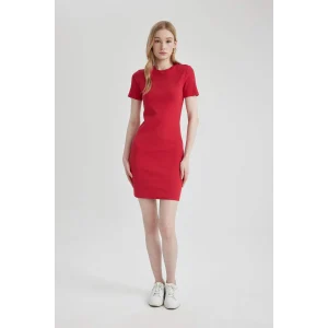 Defacto C1503 Kırmızı Coool Bodycon Vücudu Saran Bisiklet Yaka Fitilli Kaşkorse Kısa Kollu Mini Elbise