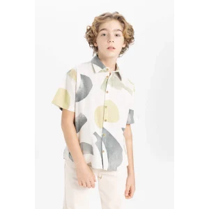 Defacto B6114 Ekru Erkek Çocuk Oversize Geniş Kalıp Polo Yaka Desenli Kısa Kollu Gömlek