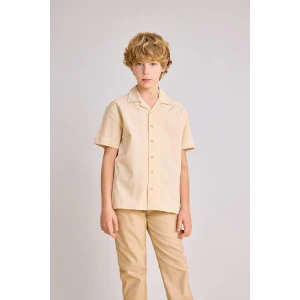 Defacto B6620 Bej Erkek Çocuk Oversize Geniş Kalıp Polo Yaka Gofre Dokulu Kısa Kollu Gömlek