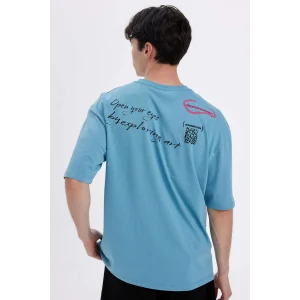 Defacto C4084 Mavi Oversize Geniş Kalıp Bisiklet Yaka Sırt Baskılı Kısa Kollu Tişört