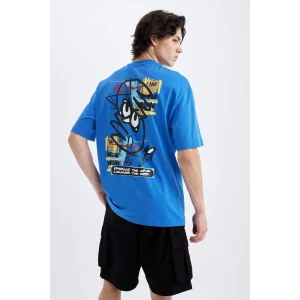 Defacto C5752 Mavi Comfort Regular Fit Rahat Kalıp Bisiklet Yaka Sırt Baskılı Kısa Kollu Tişört