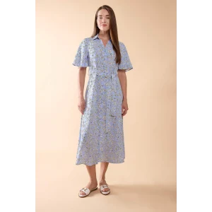 Defacto D2836 Mavi Desenli Gömlek Yaka Kısa Kollu Midi Elbise