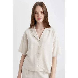 Defacto U2927 Ekru Oversize Geniş Kalıp Pijama Yaka Keten Karışımlı Kısa Kollu Gömlek