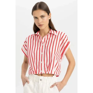 Defacto C8748 Kırmızı Crop Çizgili Kısa Kollu Poplin Gömlek