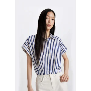 Defacto C8748 Mor Crop Çizgili Kısa Kollu Poplin Gömlek