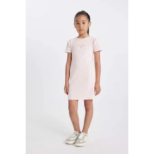 Defacto D4105 Pembe Kız Çocuk Baskılı Fitilli Kaşkorse Kısa Kollu Elbise