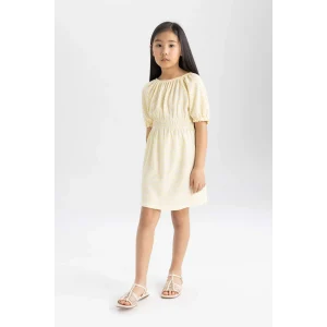 Defacto C2276 Sarı Kız Çocuk Bürümcük Desenli Kısa Kollu Elbise