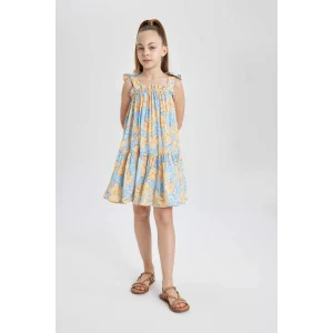 Defacto Y6957 Mavi Kız Çocuk Askılı Çiçek Desenli Elbise
