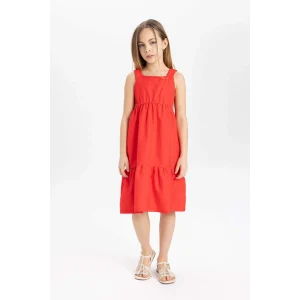 Defacto B4476 Kırmızı Kız Çocuk Poplin Askılı Elbise