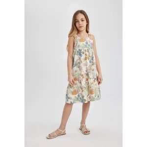 Defacto B4474 Ekru Kız Çocuk Desenli Penye Askılı Elbise