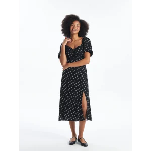 XSIDE SİYAH Kalp Yaka Çiçekli Kısa Kollu Kadın Elbise