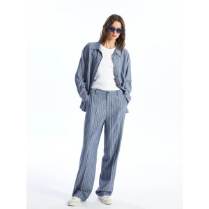 LCW Vision LACİVERT Standart Fit Çizgili Keten Karışımlı Kadın Pantolon
