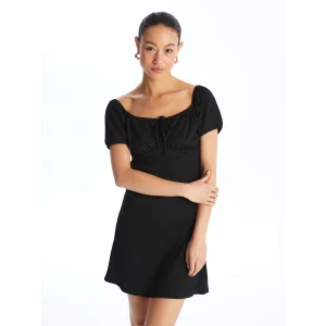 LCW Vision SİYAH Kayık Yaka Düz Kısa Kollu Kadın Elbise