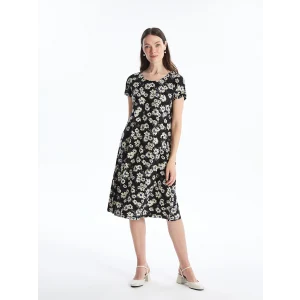 LCW Grace SİYAH Bisiklet Yaka Desenli Kısa Kollu Kadın Elbise