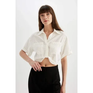 Defacto C7799 Ekru Crop Gömlek Yaka Twill Kısa Kollu Bluz