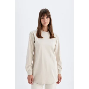 Defacto D0410 Bej Oversize Geniş Kalıp Basic Düz Sweatshirt Tunik