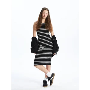 LCW Vision SİYAH Bisiklet Yaka Çizgili Kadın Elbise
