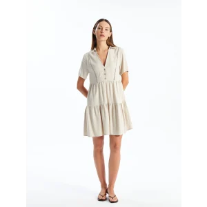 LCW Vision EKRU Gömlek Yaka Nakışlı Kısa Kollu Keten Karışımlı Kadın Elbise