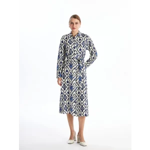 LCWAIKIKI Classic MAVİ Desenli Uzun Kollu Kadın Gömlek Elbise