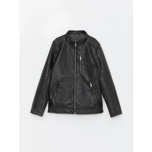 LCW Kids SİYAH Dik Yaka Erkek Çocuk Deri Görünümlü Mont