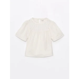 LCW Kids EKRU Bisiklet Yaka Fisto Detaylı Kısa Kollu Kız Çocuk Bluz