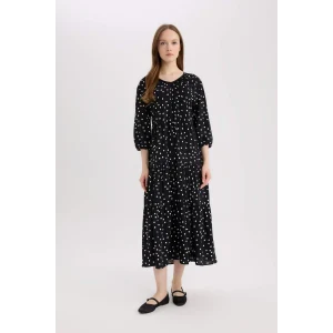 Defacto E8302 Siyah Regular Fit Desenli V Yaka Uzun Kollu Maxi Elbise