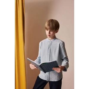 Defacto Z1035 Mavi Erkek Çocuk 23 Nisan Çocuk Bayramı Dik Yaka Keten Görünümlü Uzun Kollu Basic Düz Gömlek