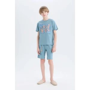 Defacto E0157 Mavi Erkek Çocuk Pijama Takımı Baskılı Kısa Kollu Üst Şort