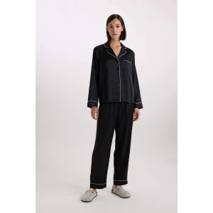 Defacto C9444 Siyah Fall in Love Pijama Takımı Saten Uzun Kollu Pijama Üstü Uzun Esnek Belil Pijama Altı