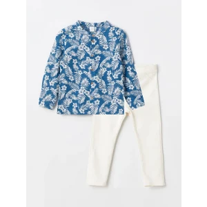 LCW baby MAVİ Hakim Yaka Uzun Kol Baskılı Erkek Bebek Gömlek ve Pantolon 2li