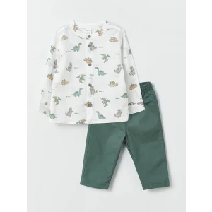 LCW baby EKRU Baskılı Uzun Kollu Erkek Bebek Gömlek ve Pantolon 2li Takım