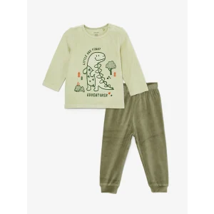 LCW baby YEŞİL Bisiklet Yaka Kadife Kız Bebek Pijama Takım