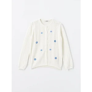 LCW Kids EKRU Bisiklet Yaka Çiçek Nakışlı Kız Çocuk Triko Hırka