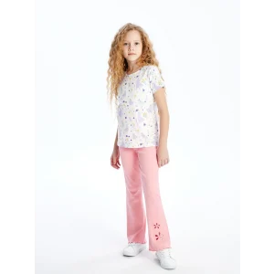 LCW Kids PEMBE Beli Lastikli Çiçekli İspanyol Paça Kız Çocuk Tayt