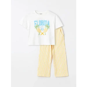 LCW Kids EKRU Bisiklet Yaka Baskılı Kısa Kollu Kız Çocuk Tişört ve Pantolon