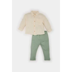 Defacto E5317 Ekru Erkek Bebek 2li Takım Uzun Kollu Gömlek Beli Lastikli Pantolon