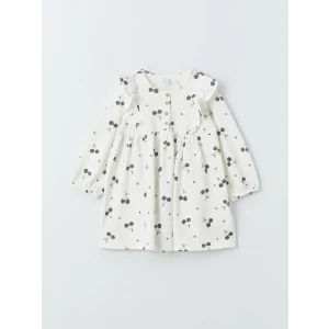 LCW Kids EKRU Bisiklet Yaka Uzun Kollu Desenli Kız Bebek Elbise